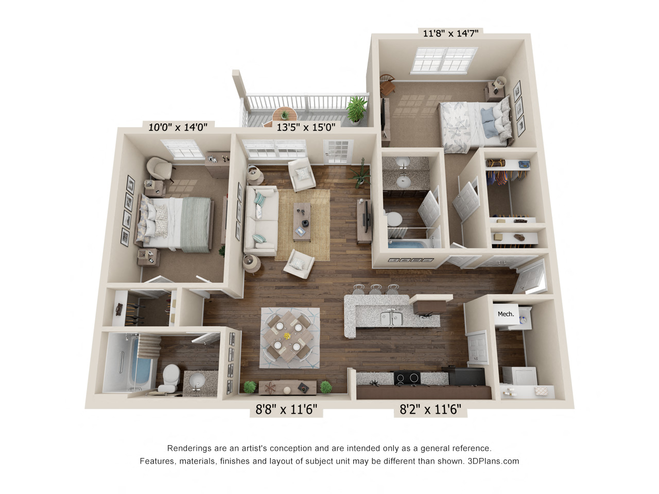 Floor plan for 2 beds, 2 baths, 1108 sqft